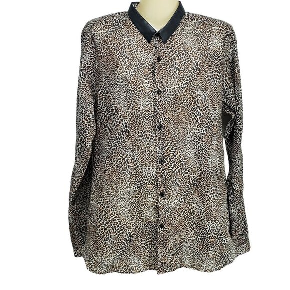 The Kooples Shirt Leopard Button Up Women's Size M Fitted Faux Leather‎ Collar - Picture 1 of 9